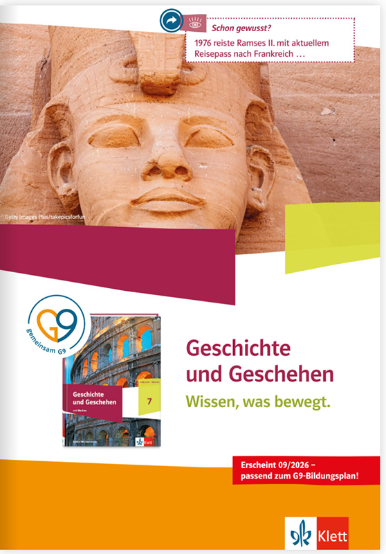 Umschlag Prospekt mit Ramses II und Cover vom Schulbuch