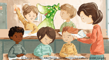 Illustration Niko mit Klasse und Lehrerin