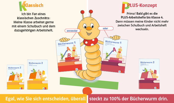 Bücherwurm Konzeption als Grafik mit Covern: klassisches Konzept aus Schülerbuch und Arbeitsheft oder das Arbeitsheft PLUS-Konzept bis Klasse 4