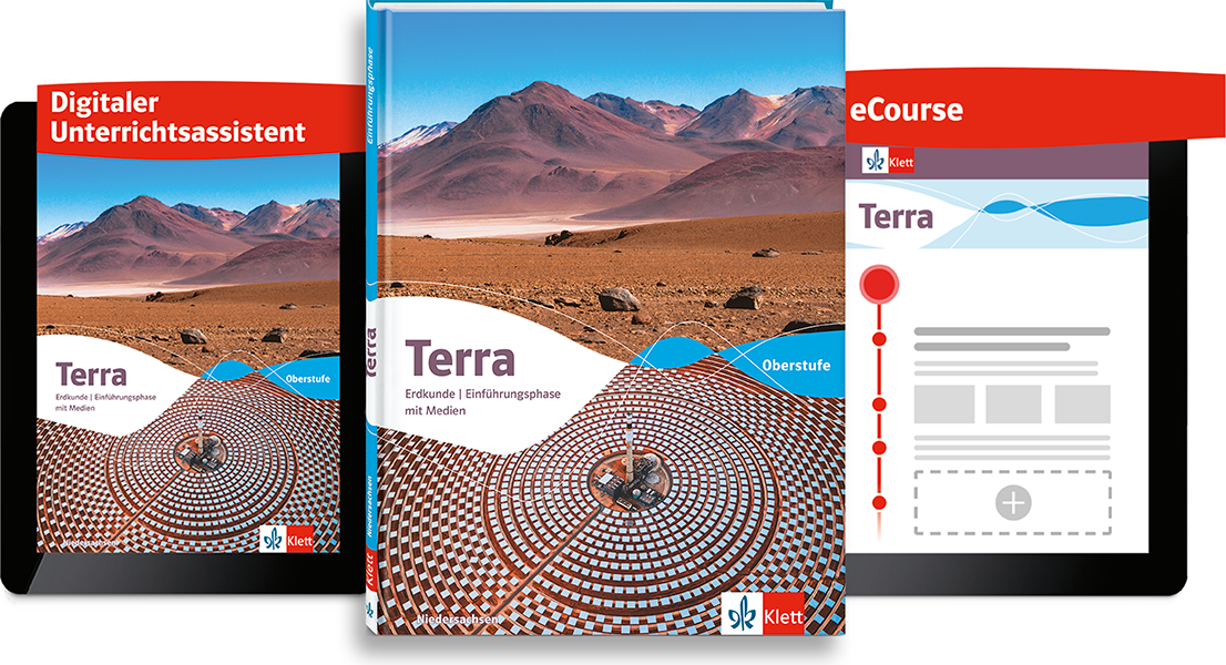 Cover Terra Schulbuch und zwei Tablets mit dem Digitalen Unterrichtsassistenten und eCourse
