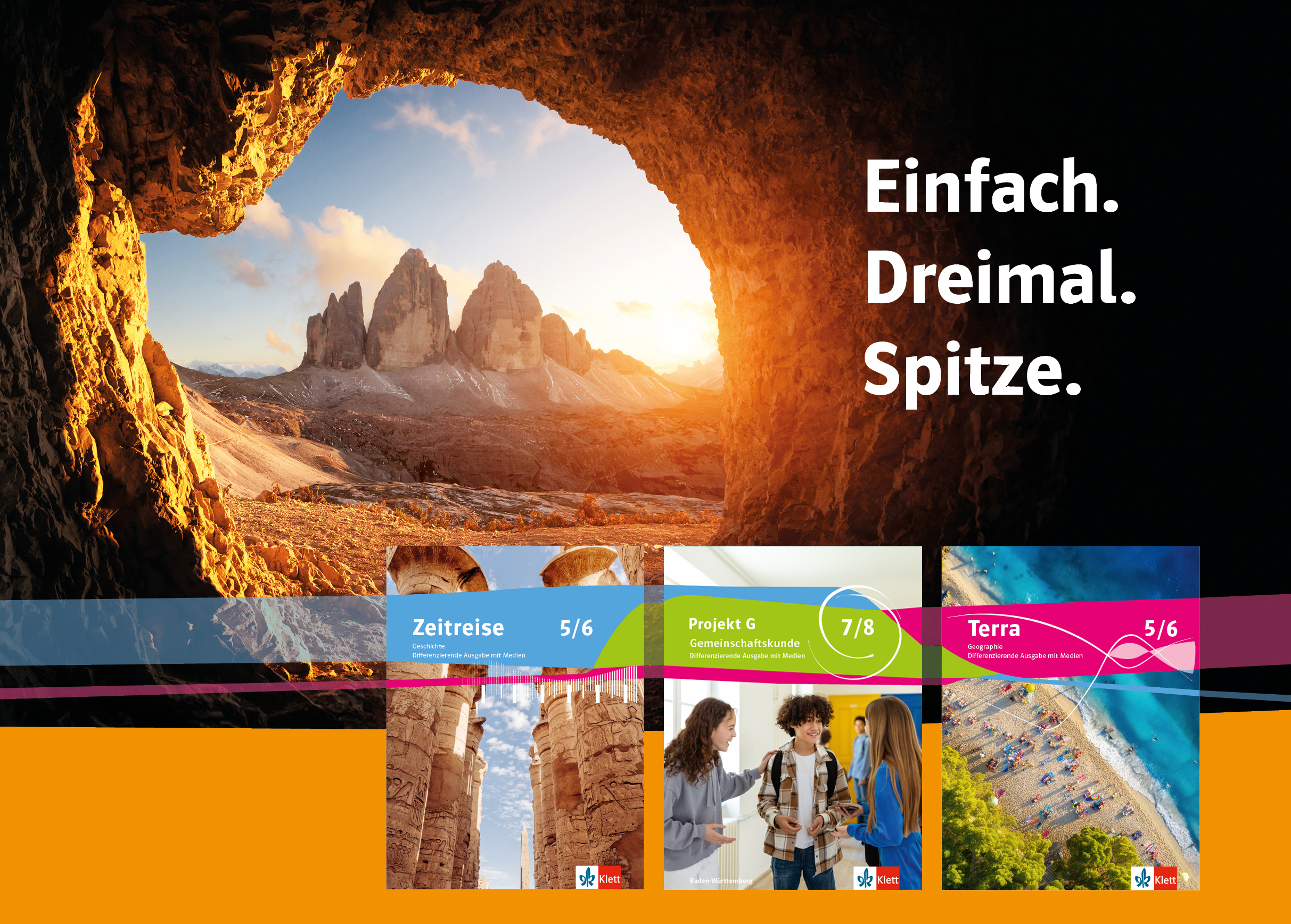 Blick bei Sonnenaufgang aus einer felsigen Höhle auf die Bergruppe der drei Zinnen in Südtirol