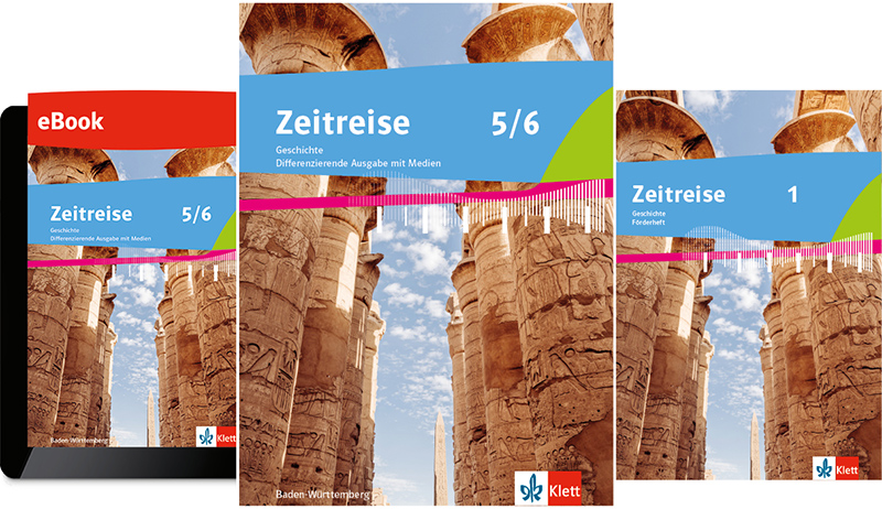 drei Cover Zeitreise Schulbuch, eBook und Arbeitsheft