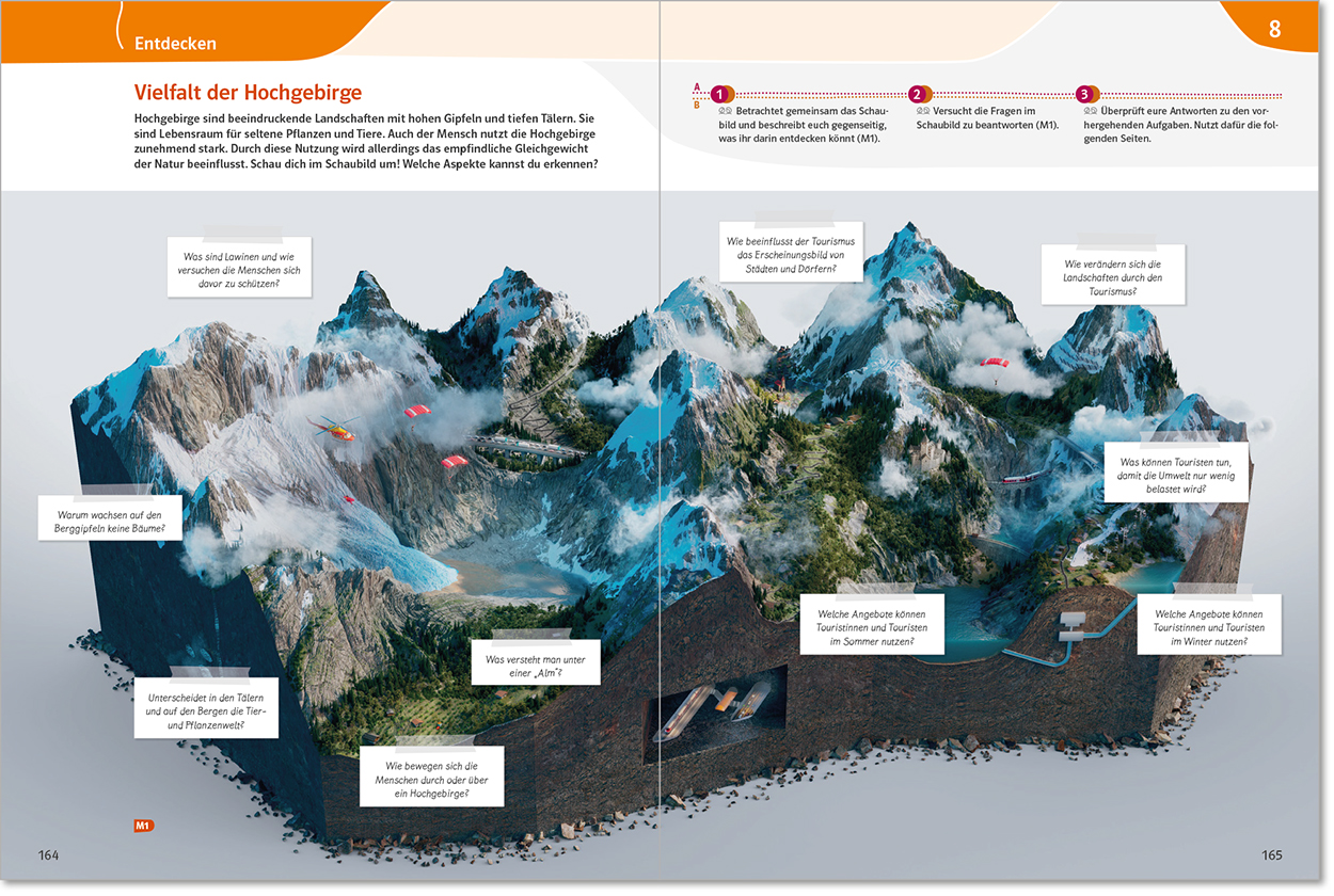 Terra Schulbuchseite mit großer Grafik zum Hochgebirge