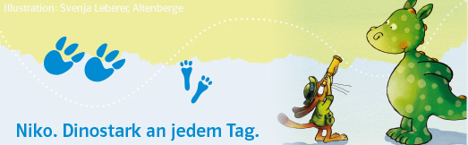 Illustration Niko und Hugo mit Claim Niko: "Dinostark an jedem Tag."