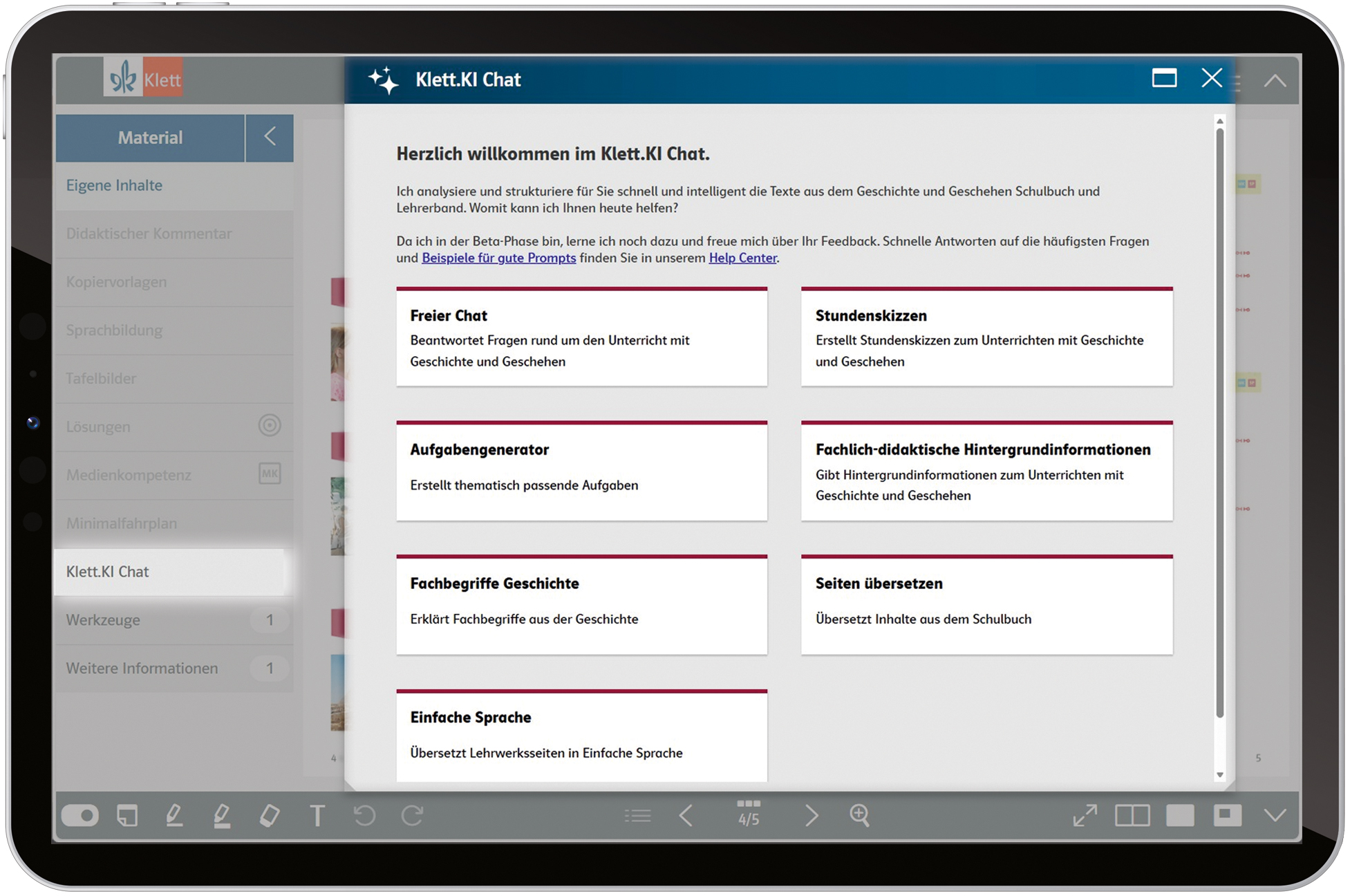 Tablet zeigt Screenshot mit dem Startfenster des Klett.KI Chats