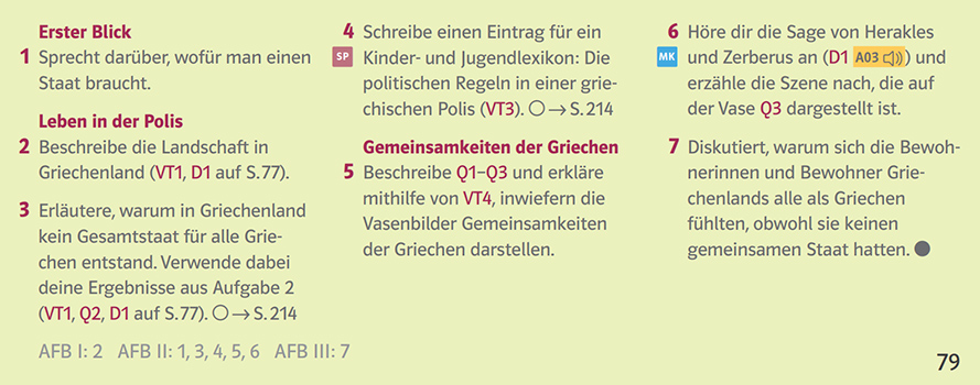 Ausschnitt aus dem Schulbuch mit sieben Aufgaben zur Überprüfung verschiedener Kompetenzen