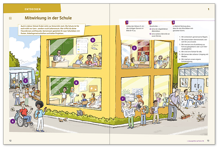 Abbildung einer Entdecken-Seite aus Starke Seiten Wirtschaft und Politik. Wimmelbild mit verschiedenen Situationen aus dem Schulalltag, die das Thema Mitwirkung in der Schule darstellen.