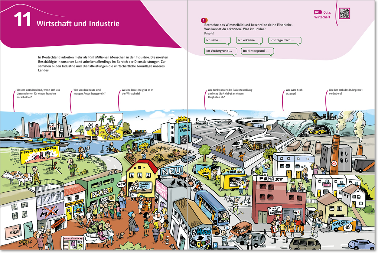 Terra Schulbuchseite mit großer Illustration zum Thema Wirtschaft und Industrie