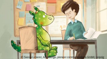Illustration Niko liest mit Schüler im Buch