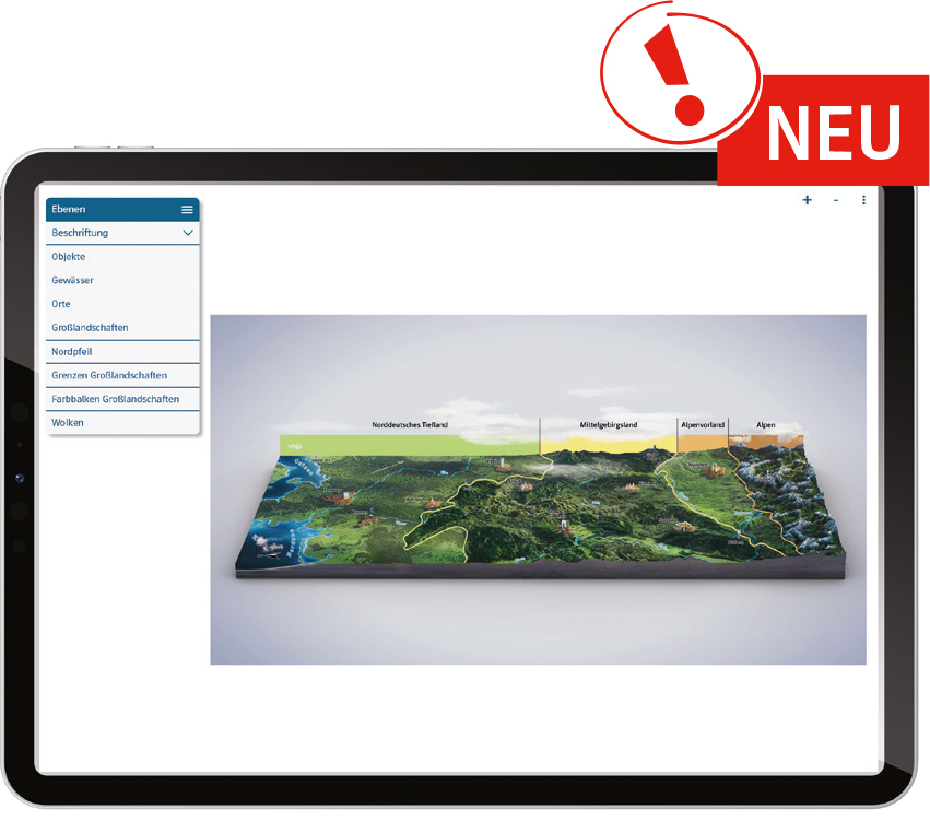 Tablet mit Grafik der Schulbuchseite als Medien in Ebenen-Tool
