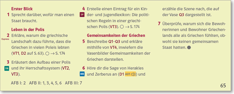 Ausschnitt aus dem Schulbuch mit sieben Aufgaben zur Überprüfung verschiedener Kompetenzen