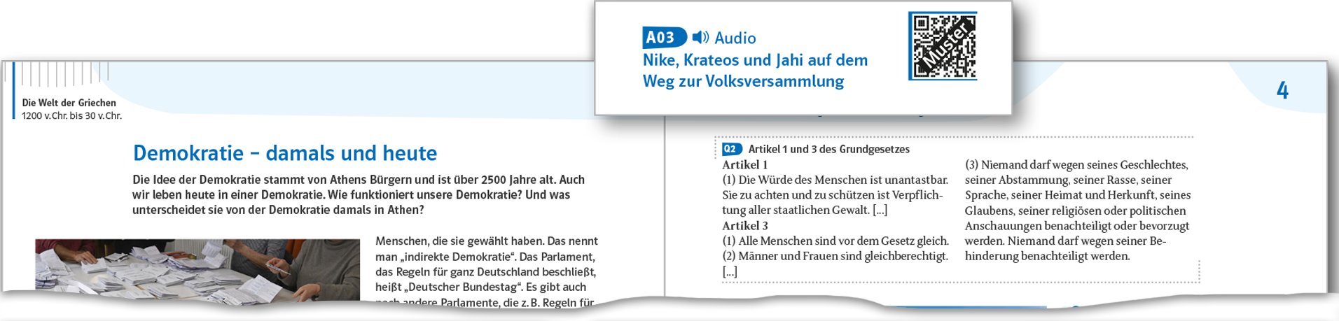 Zeitreise Schulbuchseite mit QR-Code für digittale Angebote